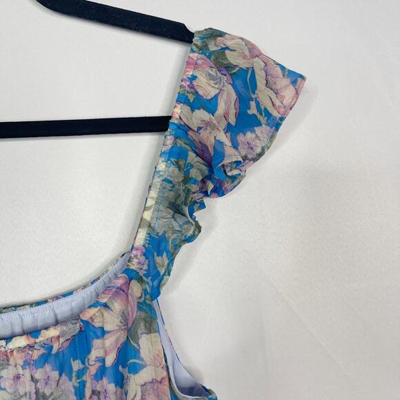 Socialite M Blue Purple Floral Ruffled Midi Dress Sleeveless Split Front Scoop - Picture 10 of 12